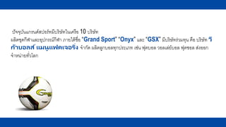 ปัจจุบันแกรนด์สปอร์ทมีบริษัทในเครือ 10 บริษัท
ผลิตชุดกีฬาและอุปกรณ์กีฬา ภายใต้ชื่อ “Grand Sport” “Onyx” และ “GSX” มีบริษัทร่วมทุน คือ บริษัท วี
ก้าบอลส์แมนูแฟคเจอริ่ง จากัด ผลิตลูกบอลทุกประเภท เช่น ฟุตบอล วอลเล่ย์บอล ฟุตซอล ส่งออก
จาหน่ายทั่วโลก
 