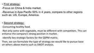 • First strategy:
-Focus on China & India market.
-Revenue in Asia Pacific 50% in 4 years, compare to other regions
such as: US, Europe, America.
• Second strategy:
-Consuming healthy food.
-Not only come with vegetable, must be different with competitors. This can
enhance the company’s strong position in market.
-Identify key strategic factors for the QSPM matrix.
Then, we can formulate the type of strategy we would like to pursue base
on others above matrix such as SWOT analysis.
 