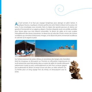 u Sud tunisien, il ne faut pas voyager longtemps pour plonger en plein Sahara. A
A    quelques heures, à quelques minutes parfois, de votre hôtel, le désert est là, autour de
vous. Il vous enveloppe, vous envoûte. Dans la région des grands parcours, le silence est
grand et l’immensité est un appel au départ. L’horizon disparaît, toute vie semble annihilée
pour laisser place aux trois déserts entremêlés : le désert de sable, où le vent sculpte
inlassablement des dunes mouvantes ; le désert de sel, celui des Chotts, miroirs de cristaux
scintillants qui renvoient d’étonnants mirages ; et le désert de pierre, immensité rocailleuse
et calcinée où le regard se perd.




Sur l’entrecroisement des pistes infinies, on rencontrera des bergers, des chameliers
dont les troupeaux se découpent sur l’horizon en silhouettes majestueuses. Ici
ou là naissent des oasis, îlots perdus dans un océan de sable. Un monde à découvrir
patiemment à pied, ou plus confortablement en 4x4. Pour se laisser gagner
par la plénitude du désert, le temps d’une nuit dans un relais saharien. Ou
s’y fondre pour un long voyage hors du temps, en bivouaquant sous la
tente.
 