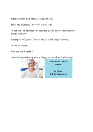 Grand theory and Middle-range theory
How are Nursing Theories classified?
What are the differences between grand theory and middle-
range Theory?
Examples of grand Theory and Middle range Theory?
Write an Essay.
Use the APA style 7
Avoid plagiarism by submitting your work to SafeAssign.
 