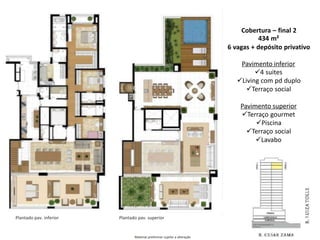 /Plantado pav. inferior
Cobertura – final 2
434 m²
6 vagas + depósito privativo
Pavimento inferior
4 suites
Living com pd duplo
Terraço social
Pavimento superior
Terraço gourmet
Piscina
Terraço social
Lavabo
Plantado pav. superior
Material preliminar sujeito a alteração
 