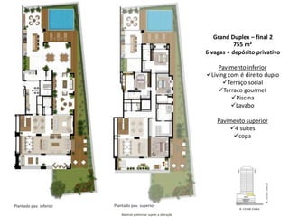 Plantado pav. inferior
Grand Duplex – final 2
755 m²
6 vagas + depósito privativo
Pavimento inferior
Living com é direito duplo
Terraço social
Terraço gourmet
Piscina
Lavabo
Pavimento superior
4 suites
copa
Plantado pav. superior
Material preliminar sujeito a alteração
 