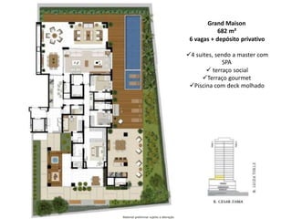 Grand Maison
682 m²
6 vagas + depósito privativo
4 suites, sendo a master com
SPA
 terraço social
Terraço gourmet
Piscina com deck molhado
Material preliminar sujeito a alteração
 