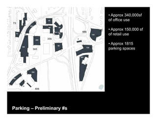 • Approx 340,000sf
                           of office use

                           • Approx 150,000 sf
                           of retail use

                           • Approx 1815
                           parking spaces




Parking – Preliminary #s
 