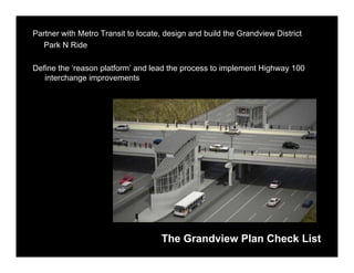 Partner with Metro Transit to locate, design and build the Grandview District
  Park N Ride

Define the ‘reason platform’ and lead the process to implement Highway 100
   interchange improvements




                                    The Grandview Plan Check List
 