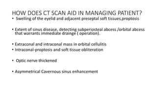 HOW DOES CT SCAN AID IN MANAGING PATIENT?
• Swelling of the eyelid and adjacent preseptal soft tissues,proptosis
• Extent of sinus disease, detecting subperiosteal abcess /orbital abcess
that warrants immediate drainge ( operation).
• Extraconal and intraconal mass in orbital cellulitis
• Intraconal-proptosis and soft tissue obliteration
• Optic nerve thickened
• Asymmetrical Cavernous sinus enhancement
 