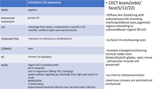 5/12/2022 ( D2 admission)
RAPD negative
Extraocular
movement
grossly full
Lid +discharge from rashes, crusted lesion ( send for C+S)
+swollen, unable to open eyes spontaneously
CONJUNCTIVA +injected, no chemosis,no symblepharon
CORNEA clear
AC formed, no hypopyon
PLAN Urgent CECT neck/face/orbit
off IV cloxacillin
start IV Augmentin 300mg TDS ( 25mg/kg)
update ophthal regarding pus discharge from right eye( swab C+S
send)
IMPRESSION:
? Eyelid abcess
Superimposed bacterial infection over varicella zoster infection
• CECT brain/orbit/
face(5/12/22)
-Diffuse skin thickening with
subcutaneous fat stranding
involving bilateral eyes,zygomatic
regions extending to
submandibular region( RE>LE)
-no focal rim enchancing seen
-multiple enlarged enchancing
cervical nodes seen
bilaterally,both globes, optic nerve
, extraocular muscles are
preserved
-no intra or extraconal lesion
cavernous sinuses are symmetrical
enchanced
 