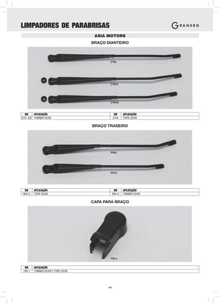 LIMPADORES DE PARABRISAS
                                       ASIA MOTORS
                                      BRAÇO DIANTEIRO



                                              2704




                                              2701E




                                              2701D


  NR     APLICAÇÃO                                  NR    APLICAÇÃO
2701 D/E TOWNER 93/99                              2704   TOPIC 93/00

                                      BRAÇO TRASEIRO




                                              994G




                                              993G




  NR     APLICAÇÃO                              NR        APLICAÇÃO
 993-G   TOPIC 93/00                           994-G      TOWNER 93/99

                                      CAPA PARA BRAÇO




                                              799-1


  NR     APLICAÇÃO
 799-1   TOWNER 93/99 E TOPIC 93/00




                                            -18-
 