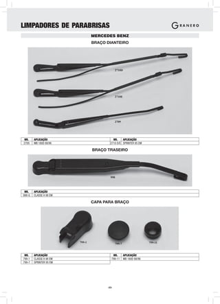 LIMPADORES DE PARABRISAS
                                 MERCEDES BENZ
                                 BRAÇO DIANTEIRO




                                              2710D




                                              2710E




                                              2709




 NR.    APLICAÇÃO                          NR.    APLICAÇÃO
2709    MB 180D 88/96                    2710 D/E SPRINTER 95 EM

                                 BRAÇO TRASEIRO




                                         998



 NR.    APLICAÇÃO
998-G   CLASSE A 98 EM

                                 CAPA PARA BRAÇO




                         799-1                                        799-11
                                              799-7


 NR.    APLICAÇÃO                          NR.        APLICAÇÃO
799-1   CLASSE A 98 EM                    799-11      MB 180D 88/96
799-7   SPRINTER 95 EM




                                       -23-
 