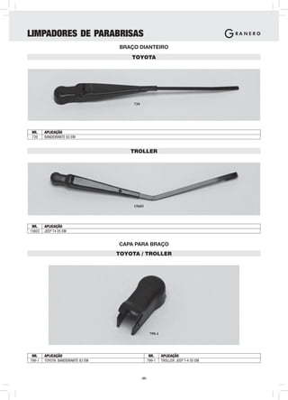 LIMPADORES DE PARABRISAS
                                    BRAÇO DIANTEIRO
                                        TOYOTA




                                         739




 NR.    APLICAÇÃO
 739    BANDEIRANTE 83 EM


                                        TROLLER




                                         15603




 NR.    APLICAÇÃO
15603   JEEP T4 05 EM


                                    CAPA PARA BRAÇO
                                    TOYOTA / TROLLER




                                                      799-1




 NR.    APLICAÇÃO                                  NR.        APLICAÇÃO
799-1   TOYOTA: BANDEIRANTE 83 EM                 799-1       TROLLER: JEEP T-4 05 EM



                                               -25-
 