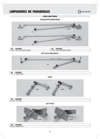 LIMPADORES DE PARABRISAS
                                                ASIA MOTORS
                                             CONJUNTO MONTADO




                                                                                     177MP




                                                                                     177MK




 NR.     APLICAÇÃO                                           NR.    APLICAÇÃO
177 MP   TOPIC 93/00 (MOTOR POONG)                         177 MK   TOPIC 93/00 (MOTOR KAMCO)

                                              KIT DO CONJUNTO




                                                  178




  NR.    APLICAÇÃO
  178    TOWNER 93/99

                                                   PIVO




                                     1354E                                 1354D




  NR.    APLICAÇÃO
1354-D/E TOPIC 93/00

                                                  KIT PIVO




                                        1353E                                            1353D


  NR.    APLICAÇÃO
1353-D/E TOWNER 93/99


                                                        -27-
 