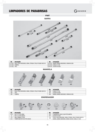 LIMPADORES DE PARABRISAS
                                                                       FIAT
                                                                       BARRA




                                                                                E
                                                                           214
                                                                                         D
                                     213
                                        E                                            214
                                            D
                                       213
                                                                                                                         D
                                                                         226
                                                                               D                                      224
                                                                                                                             E
                                                                                         E                             224
                                                                                   226




                                                           E
                                                      215                                                         E
                                                                                                   D           225
                                                               215
                                                                   D                           225




  NR.     APLICAÇÃO                                                         NR.              APLICAÇÃO
213-D/E   PALIO, PALIO WEEKEND, SIENA, STRADA E PALIO YOUNG 96/2010       224-D/E            MAREA, MAREA WEEKEND E BRAVA 98 EM
214-D/E   TEMPRA                                                          225-D/E            DOBLO 01 EM
215-D/E   TIPO                                                            226-D/E            DUCATO 98 EM

                                                                  MANIVELA




                                                            288                    289                   284                     605
                  296                 297


 NR.      APLICAÇÃO                                                            NR.           APLICAÇÃO
 284      PALIO, PALIO WEEKEND, SIENA, STRADA E PALIO YOUNG 96/2010            296           DOBLO 01 EM
 288      TIPO                                                                 297           DUCATO 98 EM
 289      TEMPRA                                                               605           MAREA, MAREA WEEKEND E BRAVA 98 EM

                                                               ENGRENAGEM




                    814               838             15                  175                    815           10A                 837

 NR.      APLICAÇÃO                                                            NR.           APLICAÇÃO
 10-A     FIAT 147 TIPO ARNO                                                   815           TRASEIRA DO UNO E ELBA TIPO WAPSA
  15      FIAT 147 TIPO BOSCH                                                  837           DUCATO 98 EM
 175      UNO, PRÊMIO E ELBA                                                   838           PALIO, PALIO WEEKEND, SIENA, STRADA, PALIO YOUNG 96/2010
 814      TEMPRA MOTOR 038 TIPO BOSCH                                                        MAREA, MAREA WEEKEND, BRAVA 98 EM E DOBLO 01 EM



                                                                        -30-
 