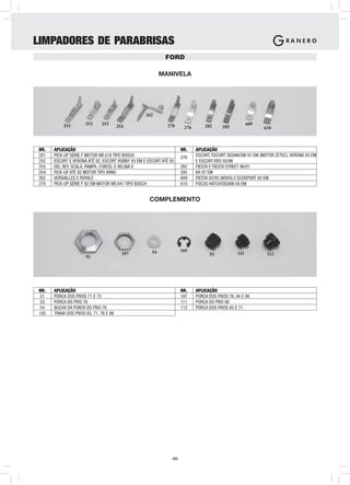 LIMPADORES DE PARABRISAS
                                                           FORD

                                                          MANIVELA




                                                  262

          251         252     253                           270                 282                    609
                                        254                           276                285                 610



NR.   APLICAÇÃO                                                      NR.    APLICAÇÃO
251   PICK-UP SÉRIE F MOTOR NR.018 TIPO BOSCH                        276    ESCORT, ESCORT SEDAN/SW 97 EM (MOTOR ZETEC), VERONA 93 EM
252   ESCORT E VERONA ATÉ 92, ESCORT HOBBY 93 EM E ESCORT ATÉ 85            E ESCORT/XR3 93/96
253   DEL REY, SCALA, PAMPA, CORCEL E BELINA II                      282    FIESTA E FIESTA STREET 96/01
254   PICK-UP ATÉ 92 MOTOR TIPO ARNO                                 285    KA 97 EM
262   VERSAILLES E ROYALE                                            609    FIESTA 02/05 (NOVO) E ECOSPORT 03 EM
270   PICK-UP SÉRIE F 92 EM MOTOR NR.041 TIPO BOSCH                  610    FOCUS HATCH/SEDAN 00 EM


                                                    COMPLEMENTO




                                                     54              105
                                          107                                     53             111          112
                      51




NR.   APLICAÇÃO                                                      NR.    APLICAÇÃO
 51   PORCA DOS PIVOS 71 E 72                                        107    PORCA DOS PIVOS 76, 94 E 98
 53   PORCA DO PIVO 76                                               111    PORCA DO PIVO 98
 54   BUCHA DA PONTA DO PIVO 76                                      112    PORCA DOS PIVOS 65 E 71
105   TRAVA DOS PIVOS 65, 71, 76 E 98




                                                              -33-
 