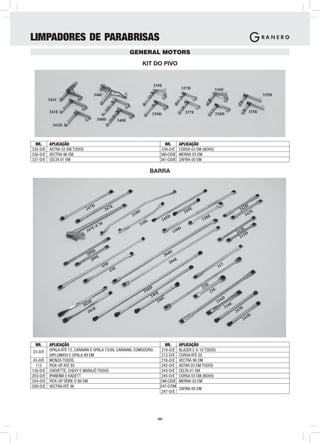 LIMPADORES DE PARABRISAS
                                                                 GENERAL MOTORS
                                                                        KIT DO PIVO


                                                                                  339E
                                                                                                         337D                     336E
                                       340C                                                                                                                        335D
          341C

          341E                                                                                             337E                   336D                      335E
                                                                              339D
                                            340D          340E
           341D



  NR.     APLICAÇÃO                                                                      NR.            APLICAÇÃO
335-D/E   ASTRA 03 EM TODOS                                                            339-D/E          CORSA 03 EM (NOVO)
336-D/E   VECTRA 96 EM                                                                 340-C/D/E        MERIVA 03 EM
337-D/E   CELTA 01 EM                                                                  341-C/D/E        ZAFIRA 00 EM

                                                                              BARRA




                                      D             E                                                                                                   2D
                               247               247                                                          E                                       24
                                                                   0D                                      245                                              2E
                                                                 21                         D                               E                            24
                                                                          E             245                            120
                                                                         0
                                             M                        21
                                      C/C                                                              D                                           2E
                                247                                                               120                                            21 D
                                                                                                                                                      2
                                                                                                                                                   21


                                     9D                                                       D
                                20                                                        204
                                        9E
                                     20                                                            E
                                                                                              204
                                              43D                                                                                   11
                                                                                                                                      3
                                                    43E


                                                                                                                         D
                                                                             6D                                        23       E
                                                                        24                                                   23
                                                                                  6E
                                                                              24
                                                                                       6C                                             6D
                                 3D                                                24                                               21
                              20                                                                                                            6E
                                        E                                                                                                 21       3E
                                 2   03                                                                                                          24
                                                                                                                                                           3D
                                                                                                                                                       24




 NR.      APLICAÇÃO                                                                       NR.           APLICAÇÃO
23-D/E    OPALA ATÉ 72, CARAVAN E OPALA 73/88, CARAVAN, COMODORO,                       210-D/E         BLAZER E S-10 TODOS
          DIPLOMATA E OPALA 89 EM                                                       212-D/E         CORSA ATÉ 02
43-D/E    MONZA TODOS                                                                   216-D/E         VECTRA 96 EM
  113     PICK-UP ATÉ 85                                                                242-D/E         ASTRA 03 EM TODOS
120-D/E   CHEVETTE, CHEVY E MARAJÓ TODOS                                                243-D/E         CELTA 01 EM
203-D/E   IPANEMA E KADETT                                                              245-D/E         CORSA 03 EM (NOVO)
204-D/E   PICK-UP SÉIRE D 86 EM                                                        246-C/D/E        MERIVA 03 EM
209-D/E   VECTRA ATÉ 96                                                                247-C/CM
                                                                                                        ZAFIRA 00 EM
                                                                                        247-D/E




                                                                                   -35-
 