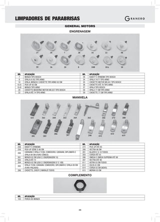 LIMPADORES DE PARABRISAS
                                                GENERAL MOTORS
                                                          ENGRENAGEM




                    37           35            7                 28                 34            22           58




                    59           36            20                8                  10B           10A          10


NR.    APLICAÇÃO                                                        NR.    APLICAÇÃO
 7     MONZA TIPO BOSCH                                                 28     KADETT E IPANEMA TIPO BOSCH
  8    OPALA 81/83 TIPO ARNO                                            34     OPALA 74/77 TIPO ARNO
 10    OPALA, MONZA E CHEVETTE TIPO ARNO 82 EM                          35     CHEVETTE MOTOR NR.041 TIPO BOSCH
10-A   PICK-UP 85 EM                                                    36     CHEVETTE ATÉ 76 TIPO ARNO
10-B   MONZA TIPO ARNO                                                  37     OPALA TIPO BOSCH
 20    CHEVETTE MODERNO MOTOR NR.037 TIPO BOSCH                         58     OPALA 77 EM TIPO ARNO
 22    OPALA ATÉ 74 TIPO ARNO                                           59     CHEVETTE 77 EM TIPO ARNO

                                                           MANIVELA




             611         261          260     264          265                262               266      272      280




                                       286                                                              614
              281         283                       287                       258         612                     615
                                                            259

NR.    APLICAÇÃO                                                        NR.    APLICAÇÃO
258    KADETT E IPANEMA                                                 272    PICK-UP ATÉ 85
259    PICK-UP SÉRIE D 86 EM                                            280    VECTRA 96 EM
260    CARAVAN E OPALA 72/88, COMODORO, CARAVAN, DIPLOMATA E            281    BLAZER E S-10 TODOS
       OPALA 89 EM (FURO CÔNICO)                                        283    CORSA ATÉ 05
261    MONZA 82 EM (USA C/ ENGRENAGEM 10)                               286    OMEGA E OMEGA SUPREMA ATÉ 98
262    OPALA ATÉ 72                                                     287    VECTRA ATÉ 96
264    MONZA 82 EM (USA C/ ENGRENAGEM 07 E 10B)                         611    ASTRA 03 EM TODOS
265    OPALA 72/88, CARAVAN, COMODORO, DIPLOMATA E OPALA 89 EM          612    CELTA 01 EM
       (FURO FREZADO)                                                   614    CORSA 03 EM (NOVO)
266    CHEVETTE, CHEVY E MARAJÓ TODOS                                   615    MERIVA 03 EM

                                                      COMPLEMENTO




                                                                  103

NR.    APLICAÇÃO
103    PORCA DO MONZA



                                                                 -36-
 