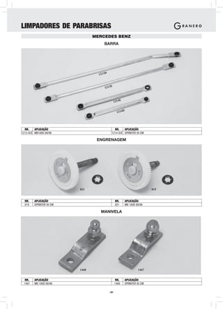 LIMPADORES DE PARABRISAS
                                 MERCEDES BENZ
                                      BARRA




                                   1213D


                                            E
                                      1213



                                                        E
                                                1214

                                                            D
                                                   1214




  NR.    APLICAÇÃO                             NR.    APLICAÇÃO
1213-D/E MB180D 88/96                        1214-D/E SPRINTER 95 EM

                                  ENGRENAGEM




                          821                                                819


  NR.    APLICAÇÃO                                NR.       APLICAÇÃO
  819    SPRINTER 95 EM                           821       MB 180D 88/96

                                    MANIVELA




                          1468                                       1467


  NR.    APLICAÇÃO                                 NR.      APLICAÇÃO
 1467    MB 180D 88/96                            1468      SPRINTER 95 EM

                                           -39-
 
