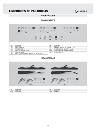 LIMPADORES DE PARABRISAS
                                                         VOLKSWAGEN

                                                         COMPLEMENTO




                           233                                      233A                                       290



                                              102     104     107          106     116         117




NR.     APLICAÇÃO                                                       NR.      APLICAÇÃO
102     PORCA DO PIVO 78                                                117      PORCA DOS PIVOS 33, 74, 77, 89, 95 E 115
104     TRAVA DO FUSCA                                                  233      KIT MODERNO COM PORCA TIPO CALOTA
106     PORCA DOS PIVOS 90, 93 E 97                                    233-A     KIT MODERNO COM PORCA SEXTAVADA
107     PORCA DO PASSAT                                                 290      KIT DO FUSCA ATÉ 73
116     PORCA P/ FIXAR HASTE NOS PIVOS 33, 74, 89, 95 E 115


                                                         KIT ADAPTAÇÃO




                                   740A                                                              741A



 NR.    APLICAÇÃO                                                       NR.      APLICAÇÃO
740-A   FUSCA 59/66                                                    741-A     FUSCA 67/73




                                                                    -48-
 