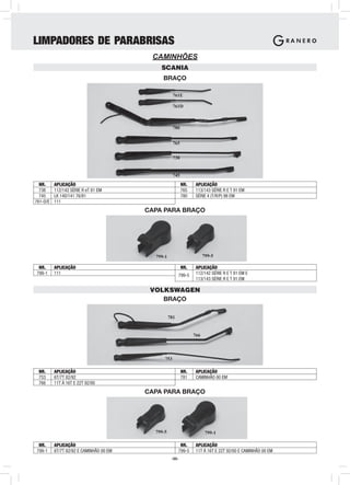 LIMPADORES DE PARABRISAS
                                          CAMINHÕES
                                             SCANIA
                                              BRAÇO

                                                     761E

                                                     761D



                                                     780


                                                     765


                                                     738


                                                     745
  NR.     APLICAÇÃO                                        NR.    APLICAÇÃO
  738     112/142 SÉRIE R eT 81 EM                         765    113/143 SÉRIE R E T 91 EM
  745     LK 140/141 76/81                                 780    SÉRIE 4 (T/R/P) 98 EM
761-D/E   111
                                         CAPA PARA BRAÇO




                                           799-1                       799-5

 NR.      APLICAÇÃO                                        NR.    APLICAÇÃO
799-1     111                                            799-5    112/142 SÉRIE R E T 81 EM E
                                                                  113/143 SÉRIE R E T 91 EM

                                          VOLKSWAGEN
                                             BRAÇO

                                                   781


                                                                 766



                                               753

 NR.      APLICAÇÃO                                        NR.    APLICAÇÃO
 753      6T/7T 82/92                                      781    CAMINHÃO 00 EM
 766      11T Á 16T E 22T 92/00
                                         CAPA PARA BRAÇO




                                           799-5                        799-1

 NR.      APLICAÇÃO                                       NR.     APLICAÇÃO
799-1     6T/7T 82/92 E CAMINHÃO 00 EM                   799-5    11T Á 16T E 22T 92/00 E CAMINHÃO 00 EM
                                                    -55-
 