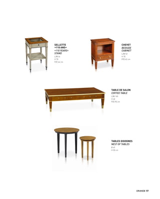 SELLETTE
«110 ANS»
«110 YEARS»
STAND
L/W 44
H 70
P/D 44 cm
TABLES GIGOGNES
NEST OF TABLES
Ø 49
H 50 cm
CHEVET
BEDSIDE
CABINET
L/W 53
H 70
P/D 42 cm
TABLE DE SALON
COFFEE TABLE
L/W 140
H 40
P/D 90 cm
57
 