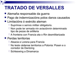 TRATADO DE VERSALLES
   Alemaña responsable da guerra
   Pago de indemnizacións polos danos causados
   Limitacións ó exército aleman
     Suprímse   o serivio militar obligatorio.
     Non pode ter armada nin aviaciónnin determinado
      tipo de pezas de artilleria
     A fronteira con Francia ata o Rin desmilitarizada
   Perdas territorias
     Alsacia e Lorena para Francia
     No leste cédense territorios a Polonia: Posen e o
      corredor de Dantzing
     Schleswing a Dinamarca
 