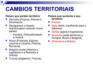 CAMBIOS TERRITORIAIS
Países que perden territorio      Paises que aumenta o seu
 Alemaña (Francia, Polonia e       territorio
  Dinamarca)                       Francia
 Desaparece o imperio             Italia (Istria, insuficente para o
  Autrohúngaro nacendo novos        italianos)
  países:                          Serbia (agora é Iugoslavia)
     Hungria, Checoslovaquia,     Rumania (cede territorios a
      e Austria                     Hungria, Rusia e Bulgaria)
 Rusia (Finlandia, Estonia,       Dinamarca e Bélxica
  Letornia e Lituania, Polonia,
  Rumania)
 Bulgaria (cede trritorios a
  Iugoslavia e a Rumania e
  Grecia)
 Turquia (Inglaterra, Francia)
 