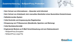 Zusammenfassung – NoSpamProxy Protection
 Kein Verlust von Informationen – Absender wird informiert
 Kein Verlust von Ar...