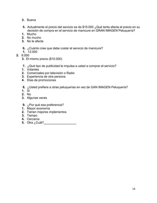 3. Buena
5. Actualmente el precio del servicio es de $10.000 ¿Qué tanto afecta el precio en su
decisión de compra en el servicio de manicure en GRAN IMAGEN Peluquería?
1. Mucho
2. No mucho
3. No le afecta
6. ¿Cuánto cree que debe costar el servicio de manicure?
1. 12.000
2. 8.000
3. El mismo precio ($10.000)
7.
1.
2.
3.
4.

¿Qué tipo de publicidad le impulsa a usted a comprar el servicio?
Volantes
Comerciales por televisión o Radio
Experiencia de otra persona
Días de promociones

8.
1.
2.
3.

¿Usted prefiere a otras peluquerías en vez de GAN IMAGEN Peluquería?
Si
No
Algunas veces

9.
1.
2.
3.
4.
5.

¿Por qué esa preferencia?
Mayor economía
Tienen mejores implementos
Tiempo
Cercanía
Otra ¿Cuál?___________________

14

 