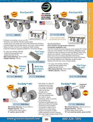 UPDATED
DESIGN
NEW
UPDATED
DESIGN
UPDATED
DESIGN
101
LIFTING&HANDLING-OMNICUBED-PRO-CART/PRO-DOLLY
Pro-Cart AT1
Pro-Dolly™ HD1
2517-0034 $365.00/ea
2517-0031 $695.00
2517-0017 $185.00/set2517-0032 $80.00/kit
Multi-Top
Accessory
for AT1
Folding
Kit for
AT1
• Clamps to countertop, so you can lift it.
• All-terrain non-marking, flat-free casters easily
handle gravel, dirt, grass and curbs while dampening vibrations.
• Compact design fits into tight spaces, and super maneuverable!
• Ships via UPS, so there is no expensive freight charges.
• Optional Folding Kit upgrade available for convenient storage.
• 8”, grey, non-marking, flat-free,
closed-cell polyurethane tires
weighs less than 50 lbs.
• Max Clamp Opening: 73mm (2.88”)
• Weight Capacity: 750 lbs
Don't settle for
cheap imitations,
get the original,
made in the USA!
• Use alone or in pairs for
transporting very large
and heavy countertops
• Low-profile cart allows
rolling of tall tops
through doors
• Stairs not a problem;
cart stays attached with
the “built-in” clamp
• Extremely stable; no worries
of cart tipping over
• Portable and lightweight cart;
allows easy lifting and storage
• Surprising maneuverability;
one person is able to turn a
loaded cart in a tight radius
• Support rail features durable
rubber padding to prevent chipping
• No costly freight charges (ships UPS)
Pro-Cart AT2
The Pro-Cart AT2 is
Omni Cubed’s new generation all-terrain
countertop installation cart!
The AT2 includes the same features as the popular AT1 model,
with even more benefits. The AT2 features collapsible clamp
uprights for easy countertop removal and tilting of large stone
pieces onto cabinets. Climbing stairs with the AT2 is even
easier due to the innovative adjustable wheel base.
For ease of storage and sliding down the center of A-frames,
the included folding kit and collapsible uprights enable
folding of the AT2 into a very compact design.
• 10”, grey, non-marking, flat-free,
closed-cell polyurethane tires
weighs less than 65 lbs.
• Max Clamp Opening: 73mm (2.88”)
• Weight Capacity: 1,000 lbs
2517-0033 $1,125.00
Tool Trays
for AT1
99-634-0026 $175.00/set
Tool Trays
for AT2
99-634-0026 $175.00/set
Pro-Dolly™ HD2
2517-0035 $595.00/ea
Max Clamp Opening: 73 mm (2.88 in.)
Weight Capacity: 750 lb
(1,500 lb when used in pairs)
8” casters, grey non-flat
Max Clamp Opening: 130 mm (5.13 in.)
Weight Capacity: 1,000 lb
(2,000 lb when used in pairs)
10” non-marking casters, grey non-flat
Integrated
carrying
handle
optional folding kit
included folding kit
Fully supports fragile
countertops with cutouts
 