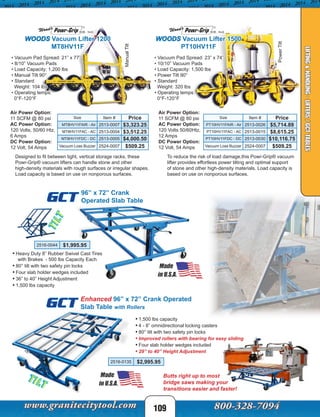 109
96” x 72” Crank
Operated Slab Table
• Heavy Duty 8” Rubber Swivel Cast Tires
with Brakes - 500 lbs Capacity Each
• 80° tilt with two safety pin locks
• Four slab holder wedges included
• 36” to 40” Height Adjustment
• 1,500 lbs capacity
GCT
Enhanced 96” x 72” Crank Operated
Slab Table with RollersGCT
TILT
• 1,500 lbs capacity
• 4 - 8” omnidirectional locking casters
• 80° tilt with two safety pin locks
• Improved rollers with bearing for easy sliding
• Four slab holder wedges included
• 29” to 40” Height Adjustment
Butts right up to most
bridge saws making your
transitions easier and faster!
TILT
WOODS Vacuum Lifter 1200
MT8HV11F
WOODS Vacuum Lifter 1500
PT10HV11F
ManualTilt
PowerTilt
Air Power Option:
11 SCFM @ 80 psi
AC Power Option:
120 Volts, 50/60 Htz,
6 Amps
DC Power Option:
12 Volt, 54 Amps
Air Power Option:
11 SCFM @ 80 psi
AC Power Option:
120 Volts 50/60Htz,
12 Amps
DC Power Option:
12 Volt, 54 Amps
• Vacuum Pad Spread: 23” x 74”
• 10/10” Vacuum Pads
• Load Capacity: 1,500 lbs
• Power Tilt 90°
• Standard
Weight: 320 lbs
• Operating temps:
0°F-120°F
• Vacuum Pad Spread: 21” x 77”
• 8/10” Vacuum Pads
• Load Capacity: 1,200 lbs
• Manual Tilt 90°
• Standard
Weight: 104 lbs
• Operating temps:
0°F-120°F
Designed to fit between tight, vertical storage racks, these
Powr-Grip® vacuum lifters can handle stone and other
high-density materials with rough surfaces or irregular shapes.
Load capacity is based on use on nonporous surfaces.
To reduce the risk of load damage,this Powr-Grip® vacuum
lifter provides effortless power tilting and optimal support
of stone and other high-density materials. Load capacity is
based on use on nonporous surfaces.
LIFTING&HANDLING-LIFTERS/GCTTABLES
2516-0044 $1,995.95
2516-0135 $2,995.95
Size Item # Price
MT8HV11FAIR - Air 2513-0007 $3,323.25
MT8HV11FAC - AC 2513-0004 $3,512.25
MT8HV11FDC - DC 2513-0005 $4,000.50
Vacuum Loss Buzzer 2524-0007 $509.25
Size Item # Price
PT10HV11FAIR - Air 2513-0026 $5,714.89
PT10HV11FAC - AC 2513-0015 $8,615.25
PT10HV11FDC - DC 2513-0030 $10,116.75
Vacuum Loss Buzzer 2524-0007 $509.25
 