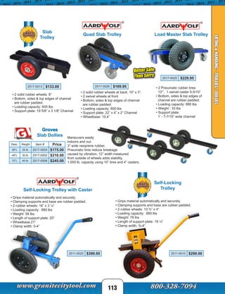 113
Groves
Slab Dollies Maneuvers easily
indoors and out.
3” wide neoprene rubber.
Pneumatic tires reduce breakage
caused by vibration, 12” width measured
from outside of wheels adds stability,
1,000 lb. capacity using 10” tires and 4” casters.
Self-Locking Trolley with Caster
• Grips material automatically and securely.
• Clamping supports and base are rubber padded.
• 2 rubber wheels: 16” x 3 ¼”
• Loading capacity: 880 lbs
• Weight: 58 lbs
• Length of support plate: 20”
• Wheelbase:21”
• Clamp width: 0-4”
Slab
Trolley
Quad Slab Trolley
• 2 solid rubber wheels at back: 10” x 3”.
• 2 swivel wheels at front
• Bottom, sides & top edges of channel
are rubber padded.
• Loading capacity: 800 lbs
• Support plate: 22” x 4” x 2” Channel
• Wheelbase: 10.4”
2517-0026 $169.95
Better Safe
Than Sorry
2517-0013 $133.00
• 2 solid rubber wheels: 8”
• Bottom, sides & top edges of channel
are rubber padded.
• Loading capacity: 605 lbs
• Support plate: 19 5/8” x 3 1/8” Channel
Self-Locking
Trolley
• Grips material automatically and securely.
• Clamping supports and base are rubber padded.
• 2 rubber wheels: 13 ¾” x 4”
• Loading capacity: 880 lbs
• Weight: 78 lbs
• Length of support plate: 19 ¼”
• Clamp width: ⅜-4”
Load Master Slab Trolley
• 2 Pneumatic rubber tires:
13”’, 1 swivel caster 5-5/10”
• Bottom, sides & top edges of
channel are rubber padded.
• Loading capacity: 880 lbs
• Weight : 33 lbs
• Support plate:
1’ - 7-7/10” wide channel
2517-0025 $229.95
LIFTING&HANDLING-TROLLIES/DOLLIES
Desc. Weight Item # Price
36”L 25 lb. 2517-0003 $175.00
48”L 30 lb. 2517-0002 $210.00
72”L 40 lb. 2517-0006 $245.00
2511-0025 $399.95 2511-0010 $299.00
 