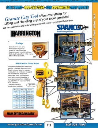 1 Year Limited
Warranty
This dependable electric chain hoist
features a die-cast aluminum body.
Totally enclosed weather resistant
construction. All hoists are equipped
with motor brake, mechanical
load brake, chain container and
push button control. Available in
seventeen models from 1/4-20 ton
cap. 230/460 volt 3 phase and 10’
lift as standard.
Other Voltages and
suspensions available.
Capacities 1/4 to 5 tons.
An economically priced
trolley for intermittent use.
Geared models from 1/4 to 5 tons.
Motorized models from 1/4 to 3 tons.
Other styles available.
2511-
NER Electric Chain Hoist
Trolleys
115
CALL TODAY - 800-328-7094 - FOR CUSTOMIZED SHOP QUOTES
LIFTING&HANDLING-SPANCO/HARRINGTON
Lifting Cap Lift Speed Item #
1/2 Ton 15 FPM 2506-0010
1 Ton 14 FPM 2506-0011
1 Ton 28 FPM 2506-0012
1-1/2 Ton 18 FPM 2506-0013
2 Ton 14 FPM 2506-0014
2 Ton 28 FPM 2506-0015
3 Ton 16 FPM 2506-0016
5 Ton 11 FPM 2506-0090
 