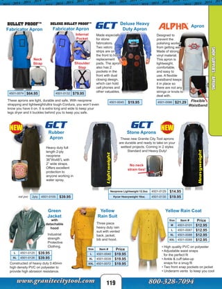 Lightweight
Yellow
Rain Suit
Deluxe Heavy
Duty Apron
Apron
Heavy duty full
length 2-ply
neoprene
36”Wx48”L with
2” wide straps.
Offers excellent
protection to
anyone working in
water spray.
Made especially
for stone
fabricators.
Two velcro
strips are on
the front to hold
replacement
pads. The apron
also has 2
pockets in the
front with dual
closing design,
which can hold
cell phones and
other valuables.
Designed to
prevent the
polishing worker
from getting wet.
Made of strong
vinyl material.
This apron is
lightweight,
comfortable,
and easy to
use. A flexible
waistband keeps
it in place so
there are not any
strings or knots to
deal with.
Three piece
heavy duty rain
suit with vented
back, jacket,
bib and hood.
Flexible
Waistband
BULLET PROOF™
Fabricator Apron
These aprons are light, durable and safe. With neoprene
strapping and lightweight/ultra tough Cordura, you won’t even
know you have it on. It is extra long and wide to keep your
legs dryer and it buckles behind you to keep you safe.
Yellow Rain Coat
• High quality PVC on polyester
• Adjustable waist snaps
for the perfect fit
• Ankle & cuff take-up
snaps for a snug fit
• Two front snap pockets on jacket
• Underarm vents to keep you cool
Rubber
Apron
not pvc
Green
Jacket
Industrial
strength
Protective
Clothing.
Constructed of heavy duty 0.40mm
high density PVC on polyester to
provide high abrasion resistance.
with
detachable
hood
No neck
strain ties!
4501-0086 $21.294501-0045 $19.95
2ply 4501-0105 $39.95
4501-0074 $64.95
Size Item # Price
M 4501-0101 $12.95
L 4501-0087 $12.95
XL 4501-0088 $12.95
XXL 4501-0089 $12.95
Size Item # Price
L 4501-0040 $19.95
XL 4501-0039 $19.95
XXL 4501-0072 $19.95
GCT
L 4501-0125 $39.95
XL 4501-0126 $39.95
Stone Aprons
These new Granite City Tool aprons
are durable and ready to take on your
wettest projects. Coming in 2 styles
Standard and Heavy Duty!
GCTGCT
Heavyweight
Neoprene Lightweight 12.5oz. 4501-0129 $14.95
Hycar Heavyweight 18oz. 4501-0130 $19.95
DELUXE BULLET PROOF™
Fabricator Apron
4501-0132 $79.95
Neck
Strap
Internal
Pocket
Shoulder
Stap
Wide
Neck
Strap
NEW NEW
119
SHOPSUPPLIES-APRONS
 