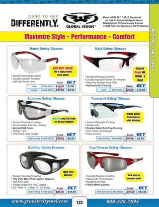 GCT
GCT
GCT
GCT
GCT
GCT
Maximize Style - Performance - Comfort
123
SHOPSUPPLIES-SAFETY-GLASSES
Meets ANSI Z87.1-2010 Standards
for use in Industrial Applications
Shatterproof Polycarbonate Lenses
UV400 Filter for Maximum UV Protection
Anti-Fog with EVA Foam
for all day comfort!
Stylish Safety
Performance
with Anti-Fog
OUR BEST VALUE!
Not a typical entry
level glass!
Lenses
Repel Oil,
Water, &
Dust
Wear over
Glasses! Dark lens for
outdoor work!
• Scratch Resistant Coating
• Metal Side Piece Design
• Rubber Ear Pads
• Flash Mirror Lenses
Matrix Safety Glasses Bold Safety Glasses
Ruthless Safety Glasses Transport Safety Glasses
Outfitter Safety Glasses Cool Breeze Safety Glasses
Clear 4504-0019 $25.00 $14.95
Clear 4504-0021 $10.00 $3.95
Smoke 4504-0025 $10.00 $4.95
Clear Anti-fog 4504-0024 $18.00 $9.95Clear Anti-fog 4504-0023 $16.00 $9.95
Clear Dark Lens 4504-0020 $20.00 $12.95Clear Anti-fog 4504-0022 $25.00 $14.95
• Scratch Resistant Coating
• Fits Over Most Prescription Glasses
• Soft Airy Foam
• Double-Sided Anti-Fog Coating
• 5.5” Wide X 2” High X .75” Deep
• Scratch Resistant Coating
• Rubber Tips
• Double Sided Anti-Fog Coating
• One Piece Lens Design
• Clear Lenses
• Scratch Resistant Coating
• Double-Sided Anti-Fog Coating
• Vented EVA Foam
• Rubber Tips
• One-Piece Lens Design
• Scratch Resistant Coating
• Double Injection Rubber on Temples
• Matching Rubber Nose Pads
• Hydrophobic Coating
• Scratch Resistant Coating
• Double-Injection Temples
with One-Piece Lens Retail
Retail
Retail
Retail
Retail
Retail
 