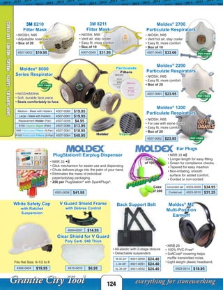 124
SHOPSUPPLIES-SAFETY-MASKS/HELMET/EARPLUGS
Fits Hat Size: 6-1/2 to 8
• NRR 26
• 100% PVC-Free®
• SoftCoat®
covering helps
muffle transmitted noise.
• Light weight plastic headband.
• All-elastic with 2-stage closure
• Detachable suspenders
Ear Plugs
• NRR 33
• Click mechanism for easier use and dispensing.
• Chute delivers plugs into the palm of your hand.
• Eliminates the mess of individual
paper/polybag packaging.
• 250 per PlugStation®
with SparkPlugs®
.
4503-0008 $41.95
PlugStation® Earplug Dispenser
Uncorded set 4503-0009 $34.95
Corded set 4503-0010 $31.25
3M 8210
Filter Mask
• NIOSH, N95
• Adjustable nose piece
• Box of 20
4507-0002 $19.95
Moldex®
M2
Multi-Position
Earmuff
4503-0014 $19.95
Moldex®
2200
Particulate Respirators
• NIOSH, N95
• Easy fit, more comfort
• Box of 20
4507-0061 $23.95
Moldex®
2700
Particulate Respirators
• NIOSH, N95
• Vent hot air, stay cooler
• Easy fit, more comfort
• Box of 10
4507-0045 $33.06
Moldex®
8000
Series Respirator
Medium - Mask with Holders 4507-0060 $19.95
Large - Mask with Holders 4507-0067 $19.95
Replacement Holder (Pair) 4507-0059 $4.95
8100 Organic Vapor (Pair) 4507-0066 $13.95
N95 Particulate Filters (5-Pair) 4507-0063 $18.95
P100 Particulate Filters (5-Pair) 4507-0064 $48.95
• NIOSH/MSHA
• Soft, durable face piece
• Seals comfortably to face.
Moldex®
1200
Particulate Respirators
• NIOSH, N95
• For use with stone dusts
• Easy fit, more comfort
• Box of 20
4507-0062 $23.95
3M 8211
Filter Mask
4507-0049 $31.95
• NIOSH, N95
• Vent air, stay cooler
• Easy fit, more comfort
• Box of 10
Case
of 200
Case
of 100
Holder Vapor
Particulate
Filters
• NRR 33
• Longer length for easy fitting
• Green for compliance checks.
• Tapered for easy insertion
• Non-irritating, smooth
surface for added comfort.
• Corded or non-corded
White Safety Cap
with Ratchet
Suspension
4506-0004 $19.95
M 30-34" 4501-0050 $24.40
L 34-36" 4501-0051 $24.40
XL 36-38" 4501-0052 $24.40
Back Support BeltV Guard Shield Frame
with Debree Control
Clear Shield for V Guard
Poly Carb .040 Thick
4510-0010 $6.95
4504-0007 $14.95
 