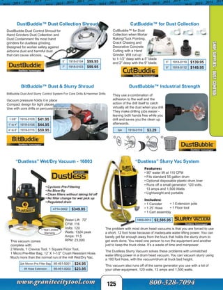 125
DustBuddie™ Dust Collection Shroud
DustBuddie Dust Control Shroud for
Hand Grinders Dust Collection and
Dust Containment fits most hand
grinders for dustless grinding.
Designed for worker safety against
airborne dust and harmful dust
that can cause silicosis.
5” 1918-0104 $99.95
7” 1918-0103 $99.95
CutBuddie™ for Dust Collection
5” 1918-0119 $139.95
9” 1918-0112 $149.95
CutBuddie™ for Dust
Collection when Mortar
Raking/Tuck Pointing,
Crack Chasing and
Decorative Concrete
Cutting with a Hand
Grinder. Will cut up
to 1-1/2” deep with a 5” blade
and 2” deep with the 9” blade.
BitBuddie™ Dust & Slurry Shroud DustBubble™ Industrial Strength
3pk 1918-0116 $3.29
1-3/8” 1918-0105 $41.95
1” to 4” 1918-0106 $44.95
4” to 8” 1918-0115 $59.95
BitBuddie Dust And Slurry Control System For Core Drills & Hammer Drills
Vacuum pressure holds it in place
Compact design for tight places
Use with core drills or percussion hammers
They use a combination of
adhesion to the wall and the
action of the drill itself to catch
virtually all the dust when you drill.
They make drilling jobs easier -
leaving both hands free while you
drill and saves you the clean up
afterwards.
SHOPSUPPLIES-DUSTCONTROL
1 Year Limited
Warranty
Water Lift: 72”
CFM: 116
Volts: 120
Watts: 1324 peak
Amps: 11.5
RPM: 23,000This vacuum comes
complete with:
2 Wands, 1 Crevice Tool, 1 Square Floor Tool,
1 Micro Pre-filter Bag, 12’ X 1-1/2” Crush Resistant Hose.
Much more than the normal run of the mill Wet/Dry Vac.
• Cyclonic Pre-Filtering
• No Blow-By
• Clean filters without taking lid off
• No filter change for wet pick up
• Regulated drain
“Dustless” Wet/Dry Vacuum - 16003
4714-0002 $349.95
2pk Micron Pre-Filter Bag 99-461-0001 $24.95
6ft Hose Extension 99-461-0002 $23.95
“Dustless” Slurry Vac System
1809-0012 $2,595.95
Features:
• 90” water lift at 115 CFM
• Fits standard 55 gallon drum
• Optional disposable plastic drum liner
• Runs off a small generator: 120 volts,
13 amps and 1,500 Watts
• Lightweight and portable
The problem with most drum head vacuums is that you are forced to use
a short, 12 foot hose because of inadequate water lifting power. You can
barely get far enough away from the truck that holds the slurry drum to
get work done. You need one person to run the equipment and another
just to keep the truck close. It’s a waste of time and manpower.
The Dustless Slurry Vacuum solves these problems with unmatched
water lifting power in a drum head vacuum. You can vacuum slurry using
a 100 foot hose, with the vacuum/drum at truck bed height.
This vacuum also runs off of the same generator you use with a lot of
your other equipment. 120 volts, 13 amps and 1,500 watts.
Includes:
• 1 Canister
• 1 25’ Hose
• 1 Cart assembly
• 1 Extension pole
• 1 Floor tool
 