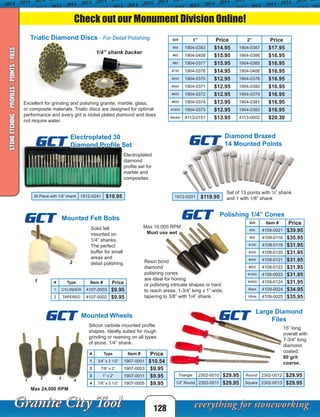 Resin bond
diamond
polishing cones
are ideal for honing
or polishing intricate shapes or hard
to reach areas. 1-3/4” long x 1” wide,
tapering to 3/8” with 1/4” shank.
Solid felt
mounted on
1/4” shanks.
The perfect
buffer for small
areas and
detail polishing.
Silicon carbide mounted profile
shapes. Ideally suited for rough
grinding or reaming on all types
of stone. 1/4” shank.
Mounted Felt Bobs
Mounted Wheels
Max 24,000 RPM
1
2 3
4
Polishing 1/4” Cones
1
2
GCTGCT
GCT
Max 10,000 RPM
Must use wet
# Type Item # Price
1 CYLINDER 4107-0003 $9.95
2 TAPERED 4107-0002 $9.95
# Type Item # Price
1 3/4” x 2 1/2” 1907-0001 $10.54
2 7/8” x 2” 1907-0003 $9.95
3 1” x 2” 1907-0011 $9.95
4 7/8” x 2 1/2” 1907-0005 $9.95
Grit Item # Price
#30 4109-0021 $39.95
#50 4109-0118 $35.95
#100 4109-0119 $31.95
#200 4109-0120 $31.95
#400 4109-0121 $31.95
#800 4109-0122 $31.95
#1500 4109-0023 $31.95
#3000 4109-0124 $31.95
Black 4109-0024 $34.95
White 4109-0025 $35.95
GCT
Check out our Monument Division Online!
128
STONEETCHING-PROFILES/POINTS/FILES
Grit 1” Price 2” Price
#30 1904-0383 $14.95 1904-0387 $17.95
#60 1904-0409 $15.95 1904-0386 $16.95
#80 1904-0377 $15.95 1904-0385 $16.95
#150 1904-0376 $14.95 1904-0406 $16.95
#200 1904-0370 $12.95 1904-0378 $16.95
#400 1904-0371 $12.95 1904-0380 $16.95
#600 1904-0372 $12.95 1904-0379 $16.95
#800 1904-0374 $13.95 1904-0381 $16.95
#1800 1904-0373 $12.95 1904-0382 $16.95
Backer 4113-0151 $13.95 4113-0002 $20.30
Excellent for grinding and polishing granite, marble, glass,
or composite materials. Triatic discs are designed for optimal
performance and every grit is nickel plated diamond and does
not require water.
Triatic Diamond Discs - For Detail Polishing
1/4” shank backer
15” long
overall with
7-3/4” long
diamond
coated.
80 grit
coarse.
Large Diamond
Files
Triangle 2302-0010 $29.95
1/2” Round 2302-0011 $29.95
Round 2302-0012 $29.95
Square 2302-0013 $29.95
Set of 13 points with ¼” shank
and 1 with 1/8” shank
30 Piece with 1/8” shank 1912-0241 $19.95 1912-0201 $119.95
Electroplated 30
Diamond Profile Set
Electroplated
diamond
profile set for
marble and
composites.
GCT
Diamond Brazed
14 Mounted PointsGCT
 