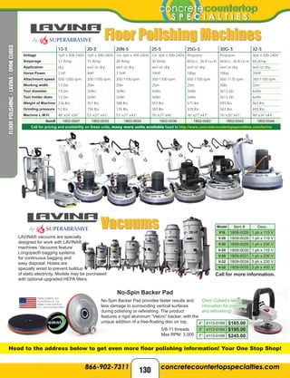 13-S 20-S 20N-S 25-S 25G-S 30G-S 32-S
Voltage 1ph x 208-240V 1ph x 200-240V 1or 3ph x 200-240V 1or 3ph x 200-240V Propane Propane 3ph x 200-240V
Amperage 12 Amp 15 Amp 30 Amp 30 Amp 603cc, 36.8 cu in 603cc, 36.8 cu in 60 Amp
Application dry wet or dry wet or dry wet or dry wet or dry wet or dry wet or dry
Horse Power 3 HP 4HP 7.5HP 10HP 18hp 18hp 20HP
Attachment speed 500-1000 rpm 300-1100 rpm 300-1100 rpm 300-1100 rpm 650-1700 rpm 650-1170 rpm 300-1100 rpm
Working width 13.2in 20in 20in 25in 25in 30in 32in
Tool diameter 13.2in 3x9in 3x9in 3x9in 3x9in 3x13.2in 6x9in
Tool holder diam. 13.2in 3x9in 3x9in 3x9in 3x9in 3x13.2in 6x9in
Weight of Machine 236 lbs 357 lbs 388 lbs 553 lbs 571 lbs 593 lbs 963 lbs
Grinding pressure 57 lbs 156 lbs 176 lbs 287 lbs 320 lbs 342 lbs 692 lbs
Machine L.W.H. 48”x24”x36” 53”x21”x43” 53”x21”x43” 76”x27”x46” 76”x27”x47” 76”x32”x47” 90”x34”x44”
Item# 1802-0047 1802-0033 1802-0034 1802-0036 1802-0042 1802-0043 1802-0044
Call for pricing and availability on these units, many more units available head to http://www.concretecountertopspecialties.com/lavina
Floor Polishing Machines
No-Spin Backer Pad
Omni Cubed’s latest
innovation for polishing
and refinishing!
4” 4113-0169 $185.00
5” 4113-0164 $195.00
7” 4113-0168 $245.00
No-Spin Backer Pad provides faster results and
less damage to surrounding vertical surfaces
during polishing or refinishing. The product
features a rigid aluminum “Velcro” backer, with the
unique addition of a free-floating disc on top.
5/8-11 threads
Max RPM: 3,000
Head to the address below to get even more floor polishing information! Your One Stop Shop!
LAVINA® vacuums are specially
designed for work with LAVINA®
machines. Vacuums feature
Longopac® bagging systems
for continuous bagging and
easy disposal. Hoses are
specially wired to prevent buildup
of static electricity. Models may be purchased
with optional upgraded HEPA filters.
Vacuums
Call for more information.
Model Item # Desc.
V16 1809-0026 1 ph x 115 V
V-20 1809-0028 1 ph x 115 V
V-20 1809-0029 1 ph x 230 V
V-25 1809-0030 1 ph x 115 V
V-25 1809-0031 1 ph x 230 V
V-32 1809-0034 3 ph x 230 V
V-32 1809-0035 3 ph x 400 V
130
FLOORPOLISHING-LAVINA/OMNICUBED
 