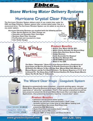 Wizard 6203-0022 $1,595.00
1 Gallon 6210-0060 $74.95
Coagulant - Gallon Jug
135
Stone Working Water Delivery Systems
Hurricane Crystal Clear Filtration
The Hurricane Filtration System delivers point of use crystal clear water for
CNC and Edge Polishers. System options offer uninterrupted water flow at a
economical price. The Hurricane Filtration System can be added at any time to
any water system.
Hurricane Filtration Systems are standard with the following options:
• Filter Service Beacon for Filter Change out
• Cleanable and Reusable Filter Cartridges
• Stainless Steel Filter Housings
• Pre-Plumbed and mounted to a base
• Inlet/Outlet Gauges
Quad
Uninterrupted
Flow Series
6203-
The Wizard Clear Magic - Coagulant System
Designed to automatically inject coagulant , a particle settling agent, into your
Ebbco Water Recycling Systems grey-water holding tank to aide in the settling and
separation of “ultra-fine” particulate (“Fluff”). This system is beneficial to and has
been proven to extend the life of your Ebbco Hurricane filter cartridges on Stone
Applications, thus protecting machinery requiring “crystal clear” water.
Product Benefits
• Enhances overall system water quality
• Settles out ultra-fine stone particulate (“Fluff”) that
normally settles out in your grey or clear Water holding tank.
• Increased Ebbco Hurricane (final Filter) Life,
protecting CNC Machinery
• Coats Final Filter and enables faster cleaning
• Maintains neutral PH Levels
• Recycle 100% of shop water and Close the Drain
The Ebbco “Sidewinder” Stone Filtration System Utilizes a Combination of
Centrifugal and Barrier Filtration To Provide Continuous Gray Water At
20 Gallons Per Minute To Run a Bridge Saw, Manual Bowl Hole Machine or
Manual Router and Up To 4 Hand Polishers. The System Requires a 3’ X 3’ X 5’
In-Ground Pit. The Heavy Duty 5 HP Vertical Sealless Pit Pump Simply Mounts
Above The Pit On Two 3” C-Channels.
Product Benefits
• Reduce Your Water Bill By 90%
• Water Clarity Suitable For General Shop.
• Heavy-Duty Seal-less System Pump
• Sludge Receiver,
Easily Accessible For Disposal
• No Need For Multiple Pits
• 30-60 GPM Systems Available
• Made In The USA
6201-0010
WATERFILTRATION-HURRICANE/SIDEWINDER/WIZARD
 