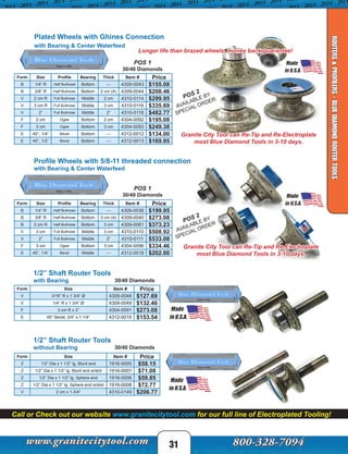 Longer life than brazed wheels, money back guarantee!
Call or Check out our website www.granitecitytool.com for our full line of Electroplated Tooling!
31
ROUTERS&PROFILERS-BLUEDIAMONDROUTERTOOLS
POS 1
30/40 Diamonds
Plated Wheels with Ghines Connection
with Bearing & Center Waterfeed
Granite City Tool can Re-Tip and Re-Electroplate
most Blue Diamond Tools in 3-10 days.
Profile Wheels with 5/8-11 threaded connection
with Bearing & Center Waterfeed
POS 1
30/40 Diamonds
POS 2
AVAILABLE BY
SPECIAL ORDER
POS 2
AVAILABLE BY
SPECIAL ORDER
Granite City Tool can Re-Tip and Re-Electroplate
most Blue Diamond Tools in 3-10 days.
30/40 Diamonds
30/40 Diamonds
Form Size Profile Bearing Thick Item # Price
B 1/4” R Half Bullnose Bottom --- 4309-0043 $155.08
B 3/8” R Half Bullnose Bottom 2 cm (A) 4309-0044 $208.46
V 2 cm R Full Bullnose Middle 2 cm 4310-0114 $299.95
V 3 cm R Full Bullnose Middle 3 cm 4310-0116 $335.69
V 2” Full Bullnose Middle 2” 4310-0118 $482.77
F 2 cm Ogee Bottom 2 cm 4304-0092 $195.08
F 3 cm Ogee Bottom 3 cm 4304-0093 $249.38
E 45°, 1/4” Bevel Bottom --- 4312-0012 $134.00
E 45°, 1/2” Bevel Bottom --- 4312-0013 $169.95
Form Size Profile Bearing Thick Item # Price
B 1/4” R Half Bullnose Bottom --- 4309-0036 $199.95
B 3/8” R Half Bullnose Bottom 3 cm (A) 4309-0040 $273.08
B 2 cm R Half Bullnose Bottom 3 cm 4309-0061 $373.23
V 3 cm Full Bullnose Middle 3 cm 4310-0110 $508.92
V 2” Full Bullnose Middle 2” 4310-0111 $533.08
F 3 cm Ogee Bottom 3 cm 4304-0096 $334.46
E 45°, 1/4” Bevel Middle --- 4312-0018 $202.00
1/2” Shaft Router Tools
without Bearing
Form Size Item # Price
Z 1/2” Dia x 1 1/2” lg. Blunt end 1916-0005 $58.15
Z 1/2” Dia x 1 1/2” lg. Blunt end w/slot 1916-0007 $71.08
Z 1/2” Dia x 1 1/2” lg. Sphere end 1916-0006 $59.85
Z 1/2” Dia x 1 1/2” lg. Sphere end w/slot 1916-0008 $72.77
V 2 cm x 1-3/4” 4310-0149 $206.77
1/2” Shaft Router Tools
with Bearing
Form Size Item # Price
V 3/16” R x 1 3/4” Ø 4309-0048 $127.69
V 1/4” R x 1 3/4” Ø 4309-0049 $132.46
F 3 cm R x 3” 4304-0091 $273.08
E 45° Bevel, 3/4” x 1 1/4” 4312-0015 $153.54
 