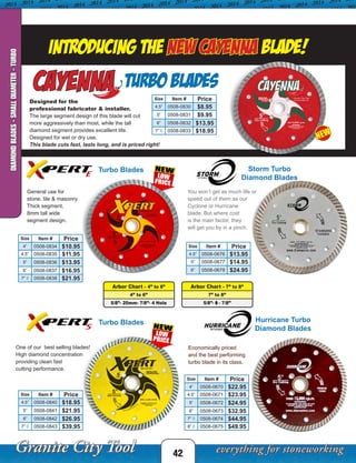 Arbor Chart - 4” to 6”
4” to 6”
5/8”- 20mm- 7/8”- 4 Hole
Arbor Chart - 7” to 8”
7” to 8”
5/8”- ◊ - 7/8”
Introducing the NEW cayenna Blade!
42
DIAMONDBLADES-SMALLDIAMETER-TURBO
Designed for the
professional fabricator & installer.
The large segment design of this blade will cut
more aggressively than most, while the tall
diamond segment provides excellent life.
Designed for wet or dry use.
This blade cuts fast, lasts long, and is priced right!
Turbo Blades
Turbo Blades
Turbo Blades
S
E
General use for
stone, tile & masonry.
Thick segment,
8mm tall wide
segment design.
One of our best selling blades!
High diamond concentration
providing clean fast
cutting performance.
Size Item # Price
4.5” 0508-0840 $18.95
5” 0508-0841 $21.95
6” 0508-0842 $26.95
7” ◊ 0508-0843 $39.95
Size Item # Price
4” 0508-0834 $10.95
4.5” 0508-0835 $11.95
5” 0508-0836 $13.95
6” 0508-0837 $16.95
7” ◊ 0508-0838 $21.95
Size Item # Price
4.5” 0508-0830 $8.95
5” 0508-0831 $9.95
6” 0508-0832 $13.95
7” ◊ 0508-0833 $18.95
Economically priced
and the best performing
turbo blade in its class.
You won’t get as much life or
speed out of them as our
Cyclone or Hurricane
blade. But where cost
is the main factor, they
will get you by in a pinch.
Storm Turbo
Diamond Blades
Size Item # Price
4.5” 0508-0676 $13.95
5” 0508-0677 $14.95
6” 0508-0678 $24.95
Hurricane Turbo
Diamond Blades
Size Item # Price
4” 0508-0670 $22.95
4.5” 0508-0671 $23.95
5” 0508-0672 $24.95
6” 0508-0673 $32.95
7” ◊ 0508-0674 $44.95
8” ◊ 0508-0675 $49.95
NEW
 