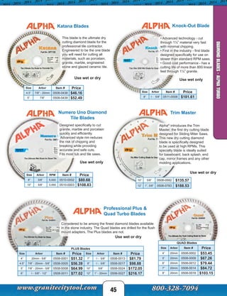 45
DIAMONDBLADES-ALPHATURBO
Knock-Out BladeKatana Blades
Use wet or dry Use wet only
Trim MasterNumero Uno Diamond
Tile Blades
Use wet only
Use wet or dry
This blade is the ultimate dry
cutting diamond blade for the
professional tile contractor.
Engineered to be the one blade
you will need for cutting all
materials, such as porcelain,
granite, marble, engineered
stone and glazed ceramic tile.
• Advanced technology - cut
through 1¼” material very fast
with minimal chipping.
• First in the industry - first blade
designed specifically for use on
slower than standard RPM saws.
• Good cost performance - has a
cutting life of more than 800 linear
feet through 1¼” granite.
Alpha®
introduces the Trim
Master, the first dry cutting blade
designed for Sliding Miter Saws.
This new dry cutting diamond
blade is specifically designed
to be used at high RPMs. This
specialty blade is ideally suited
for baseboard, back splash, end
cap, mirror frames and any other
molding applications.
Designed specifically to cut
granite, marble and porcelain
quickly and efficiently.
Advanced style rim reduces
the risk of chipping and
breaking while providing
accurate and safe cuts.
Fits most tub and tile saws.
Professional Plus &
Quad Turbo Blades
Considered to be among the finest diamond blades available
in the stone industry. The Quad blades are drilled for the flush
mount adapters. The Plus blades are not.
Use wet or dry
Size Arbor Item # Price
8” ◊ - 5/8” 0511-0008 $101.61
Size Arbor Item # Price
4.5” 7/8” - 20mm 0508-0438 $46.16
5” 7/8” 0508-0439 $52.49
10” 5/8” 0508-0592 $135.57
12” 1”, 5/8” 0508-0783 $188.53
Size Arbor RPM Item # Price
8” 5/8” 5,000 0510-0002 $80.68
10” 5/8” 3,450 0510-0003 $108.83
QUAD Blades
Size Arbor Item # Price
4” 20mm 0508-0002 $53.45
5” 20mm 0508-0009 $67.26
6” 20mm 0508-0012 $79.44
7” 20mm 0508-0014 $84.72
8” 20mm 0508-0018 $103.15
PLUS Blades
Size Arbor Item # Price Size Arbor Item # Price
4” 20mm - 5/8” 0508-0001 $51.32 7” ◊ - 5/8” 0508-0013 $81.79
4.5” 7/8” - 20mm - 5/8” 0508-0005 $56.39 8” ◊ - 5/8” 0508-0017 $98.88
5” 7/8” - 20mm - 5/8” 0508-0008 $64.99 10” 5/8” 0508-0024 $172.05
6” ◊ - 5/8”- 1/2” 0508-0011 $77.02 12” 1” - 20mm 0508-0027 $216.17
 