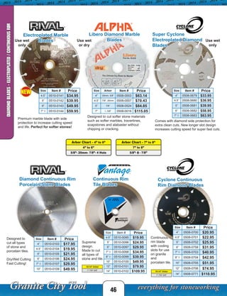 Arbor Chart - 4” to 6”
4” to 6”
5/8”- 20mm- 7/8”- 4 Hole
Arbor Chart - 7” to 8”
7” to 8”
5/8”- ◊ - 7/8”
46
DIAMONDBLADES-ELECTROPLATED/CONTINUOUSRIM
Designed to cut softer stone materials
such as softer marbles, travertines,
soapstones and alabaster without
chipping or cracking.
Comes with diamond side protection for
extra clean cuts. New longer slot design
increases cutting speed for super fast cuts.
Use wet
or dry
Premium marble blade with side
protection to increase cutting speed
and life. Perfect for softer stones!
Libero Diamond Marble
Blades
Electroplated Marble
Blades
Super Cyclone
Electroplated Diamond
Blades
Size Item # Price
4.5” 0510-0141 $34.95
5” 0510-0142 $39.95
6” 0510-0143 $49.95
7” ◊ 0510-0144 $59.95
Size Arbor Item # Price
4” 20mm, 5/8” 0508-0003 $63.14
4.5” 7/8”, 20mm 0508-0007 $70.43
5” 7/8” 0508-0524 $84.85
7” ◊, 5/8” 0508-0016 $115.05
Size Item # Price
4” 0508-0679 $33.95
4.5” 0508-0680 $36.95
5” 0508-0681 $39.95
6” 0508-0682 $58.95
7” ◊ 0508-0683 $63.95
Use wet
only
Use wet
only
Continuous Rim
Tile Blades
Diamond Continuous Rim
Porcelain/Stone Blades
Cyclone Continuous
Rim Diamond Blades
Supreme
design.
Made to cut
all types of
stone and tile.
Designed to
cut all types
of stone and
porcelain tiles.
Dry/Wet Cutting
Fast Cutting!
10-14” Arbor
1”-7/8”-5/8”
10-14” Arbor
1”-7/8”-5/8”
NEW
Size Item # Price
4” 0510-0103 $17.95
4.5” 0510-0104 $19.95
5” 0510-0105 $21.95
6” 0510-0106 $24.95
7” ◊ 0510-0107 $29.95
10” 0510-0109 $49.95
Size Item # Price
4.5” 0510-0095 $19.95
5” 0510-0096 $24.95
6” 0510-0097 $29.95
7” ◊ 0510-0098 $34.95
8” ◊ 0510-0099 $39.95
10” 0510-0100 $49.95
12” 0510-0101 $79.95
14” 0510-0102 $109.95
Size Item # Price
4” 0508-0700 $20.95
4.5” 0508-0701 $22.95
5” 0508-0702 $25.95
6” 0508-0758 $31.95
7” ◊ 0508-0703 $40.95
8” ◊ 0508-0704 $42.95
10” 0508-0705 $51.95
12” 0508-0706 $74.95
14” 0508-0771 $110.95
Continuous
rim blade
with cooling
slots for use
on granite
and
porcelain tile.
 