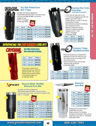 49
DIAMONDCOREBITS-WET/DRY
Dry Side Plated Core
Bits T-Type
• Durable and Strong Segments
• Side Plated allowing faster cuts and coring.
• Can be used dry or wet, use wet for
longer bit use.
• 5/8-11” Threaded
• 6,500 Max RPM
Dry/Wet Turbo Core
Bits with Side Platting
Diamond
Core Bits
Vacuum Stripe Dry/Wet
Diamond Core Bits
1-5/8” 1105-0210 $72.95
1-3/4” 1105-0211 $77.95
2” 1105-0212 $79.95
2-1/4” 1105-0240 $89.95
2-1/2” 1105-0241 $99.95
3” 1105-0242 $109.95
3-1/2” 1105-0243 $119.95
4" 1105-0244 $129.95
Size Item # Price
1” 1105-0228 $47.95
1-1/4” 1105-0229 $48.95
1-3/8” 1105-0230 $49.95
1-1/2" 1105-0231 $54.95
1-3/4” 1105-0232 $59.95
2” 1105-0233 $69.95
Designed to be the leader in
segmented core bits.
Super premium for ultimate
strength and long life. They can be
used wet or dry. 5/8-11” Threaded.
6,500 Max RPM
• Durable and Strong Segments.
• Side Plated allowing faster cuts and coring.
• Can be used dry or wet, use wet for longer bit life.
• 5/8-11” Threaded
• Recently tested by an independent
laboratory to drill 145 holes dry and
250 holes wet at an average of 30
seconds per hole.
• Improved with inside and outside
diamond side protection
• 6,500 Max RPM
Cyclone T-Type
Dry/WetCore Bits
1-1/2” 1107-0459 $74.95
1-3/4” 1105-0123 $79.95
2” 1105-0124 $89.95
2-1/4” 1105-0126 $99.95
2-1/2” 1105-0125 $104.95
2-3/4” 1105-0127 $109.95
Size Item # Price
1” 1105-0122 $59.95
1-1/4” 1107-0457 $64.95
1-3/8” 1107-0458 $69.95
Cyclone Dry Turbo
Core Bits
with Side Protection
• 1-3/8” can be used wet or dry.
• 1-1/4 wet only Aggressive turbo rim
design. Can drill a hole in
Tropical Brown in under a minute
using plenty of water.
• Side diamond protection facilitates
any necessary boring.
• Special T-segment insures
maximum segment strength
(applies only to 1 3/8).
• 5/8-11” Threaded
• 6,500 Max RPM
Size Item # Price
1-1/4” 1105-0129 $69.95
1-3/8” 1105-0128 $74.95
Size Item # Price
3/4” 1105-0203 $44.95
7/8” 1105-0204 $47.95
1” 1105-0205 $49.95
1-1/8” 1105-0206 $54.95
1-1/4” 1105-0207 $59.95
1-3/8” 1105-0208 $64.95
1-1/2" 1105-0209 $69.95
Introducing the NEW cayenna CORE Bit!
Size Item # Price
1-1/4" 1105-0276 $54.95
1-3/8" 1105-0277 $59.95
1-1/2" 1105-0278 $64.95
These laser welded turbo
segmented bits are made for
speed and life! The vacuum
brazed side protection offers
a non-binding clean cut.
10,000 Max RPM
1-1/4" 1105-0153 $59.95
1-3/8" 1105-0142 $64.95
1-1/2" 1105-0154 $69.95
1-3/4" 1105-0156 $74.95
2" 1105-0158 $79.95
Size Item # Price
1/2" 1105-0180 $46.95
5/8" 1105-0181 $47.95
3/4" 1105-0182 $48.95
1" 1105-0151 $49.95
1-1/8" 1105-0152 $54.95
 