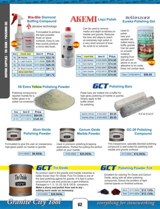 Dia-Glo Diamond
Buffing Compound
Formulated to achieve
the best possible
finish on stone
surfaces. Easy to use,
they quickly produce
a mirror-like finish.
Size Powder Style Item # Price
Qt. M -Marble 4111-0009 $32.70
Qt. L -Light Granite 4111-0006 $26.55
Qt. D -Dark Granite 4111-0008 $26.55
Pt. S -Black Granite 4111-0015 $41.72
Spray Liquid Style
Qt. S -Black Granite 4111-0017 $41.72
5X Extra Yellow Polishing Powder
Size Item # Price
2 KG 4111-0013 $64.95
25 KG 4111-0012 $349.95
Polishing compound to
repolish marble for a
better gloss or to
polish out scratches.
Alum Oxide
Polishing Powder
Formulated to give the user an inexpensive,
high-gloss polish on marble or granite.
4111-0002 $6.95/lb.
GC-20 Polishing
Compound
Cerium Oxide
Marble Powder
0102-0002 $25.95/lb. 4111-0005 $12.95/lb.
Used in precision polishing & lapping
applications. Perfect for putting the perfect
polish on your marble.
This inexpensive, specially blended polishing
compound is well suited for polishing both
marble and granite surfaces.
Polishing Powder TintTin Oxide
Polishing Bars
Excellent for coloring Tin Oxide and Cerium
Oxide, along with all other polishing
compounds. Solves the problem of light
colored specks on finished surfaces.
No product used in the granite and marble industries is
better known than Tin Oxide. Pure Tin Oxide is one of
the best polishing agents for granite. It is fast in action,
economical to use and produces a gem-brilliance.
Packaged in 1, 5, 10, 25, 50 & 100 lb. containers.
Make a slurry and polish from wet to dry -
adding more water as necessary.
Paste bars are melted into a buffer for
high-gloss polishing of marble or granite.
Simply apply to felt
buffer wheel
for polishing.
GCT
GCT
GCT
Marble (White) 4104-0001 $9.95
Granite (Gray) 4104-0002 $9.95
Black 4111-0003 $12.13/lb.
Red 4111-0004 $12.13/lb.0112-0001 $28.95/lb.
9.5”x2.5”x2.5”
Size Liquid Style Item # Price
1 lt. Light Marble 4102-0009 $74.95
1 lt. Dark Marble 4102-0013 $74.95
1 lt. Light Granite 4102-0007 $74.95
1 lt. Dark Granite 4102-0010 $74.95
1 lt. Black Granite 4102-0008 $74.95
Can be used to remove
marks and slight scratches on
marble and granite. Reduces
the time and steps to reach
an extremely high polish in
a very short amount of time.
No acids & no solvents.
Liqui Polish
Eureka Polishing Gel
32oz 4102-0014 $59.95
Used to
polish
new and
repolish old
dulled heavy
traffic granite.
Can be used
on smooth
material,
starting from
220 grit and
above or as an
alterative to tin oxide.
Does not contain lead.
62
BUFFINGSUPPLIES-TINOXIDE/POLISHINGGEL
NEW
NEW
NEW
 