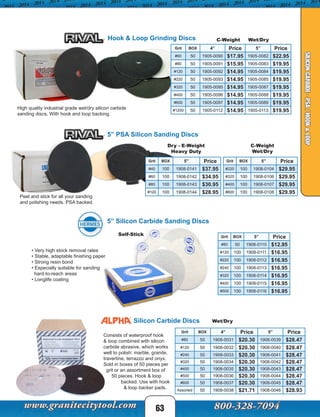 63
SILICONCARBIDE-PSA/HOOK&LOOP
Silicon Carbide Discs
5” PSA Silicon Sanding Discs
Consists of waterproof hook
& loop combined with silicon
carbide abrasive, which works
well to polish: marble, granite,
travertine, terrazzo and onyx.
Sold in boxes of 50 pieces per
grit or an assortment box of
50 pieces. Hook & loop
backed. Use with hook
& loop backer pads.
Peel and stick for all your sanding
and polishing needs. PSA backed.
Hook & Loop Grinding Discs
High quality industrial grade wet/dry silicon carbide
sanding discs. With hook and loop backing.
• Very high stock removal rates
• Stable, adaptable finishing paper
• Strong resin bond
• Especially suitable for sanding
hard-to-reach areas
• Longlife coating
5” Silicon Carbide Sanding Discs
Grit BOX 5” Price
#80 50 1908-0110 $12.95
#120 100 1908-0111 $16.95
#220 100 1908-0112 $16.95
#240 100 1908-0113 $16.95
#320 100 1908-0114 $16.95
#400 100 1908-0115 $16.95
#500 100 1908-0116 $16.95
Grit BOX 5” Price
#40 100 1908-0141 $37.95
#60 100 1908-0142 $34.95
#80 100 1908-0143 $30.95
#120 100 1908-0144 $28.95
Grit BOX 4” Price 5” Price
#60 50 1905-0090 $17.95 1905-0082 $22.95
#80 50 1905-0091 $15.95 1905-0083 $19.95
#120 50 1905-0092 $14.95 1905-0084 $19.95
#220 50 1905-0093 $14.95 1905-0085 $19.95
#320 50 1905-0095 $14.95 1905-0087 $19.95
#400 50 1905-0096 $14.95 1905-0088 $19.95
#600 50 1905-0097 $14.95 1905-0089 $19.95
#1200 50 1905-0112 $14.95 1905-0113 $19.95
Grit BOX 4” Price 5” Price
#80 50 1908-0031 $20.30 1908-0039 $28.47
#120 50 1908-0032 $20.30 1908-0040 $28.47
#240 50 1908-0033 $20.30 1908-0041 $28.47
#320 50 1908-0034 $20.30 1908-0042 $28.47
#400 50 1908-0035 $20.30 1908-0043 $28.47
#500 50 1908-0036 $20.30 1908-0044 $28.47
#600 50 1908-0037 $20.30 1908-0045 $28.47
Assorted 50 1908-0038 $21.71 1908-0046 $28.93
Self-Stick
C-Weight Wet/Dry
Grit BOX 5” Price
#220 100 1908-0104 $29.95
#320 100 1908-0106 $29.95
#400 100 1908-0107 $29.95
#600 100 1908-0108 $29.95
Dry - E-Weight
Heavy Duty
C-Weight
Wet/Dry
Wet/Dry
 