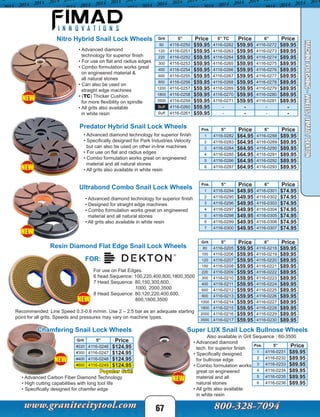 NEW
NEW
NEW
67
MACHINEPOLISHING-WHEELS/FIMAD/DEKTON
Chamfering Snail Lock Wheels
Grit 5” Price
#220 4116-0246 $124.95
#300 4116-0247 $124.95
#400 4116-0248 $124.95
#600 4116-0249 $124.95
Nitro Hybrid Snail Lock Wheels
Predator Hybrid Snail Lock Wheels
Ultrabond Combo Snail Lock Wheels
Super LUX Snail Lock Bullnose Wheels
Pos. 5” Price
1 4116-0231 $89.95
2 4116-0232 $89.95
3 4116-0233 $89.95
4 4116-0234 $89.95
5 4116-0235 $89.95
6 4116-0236 $89.95
Also available in Grit Sequence : 60-3500
Grit 5” Price 5” TC Price 6” Price
60 4116-0250 $59.95 4116-0262 $59.95 4116-0272 $89.95
120 4116-0251 $59.95 4116-0263 $59.95 4116-0273 $89.95
220 4116-0252 $59.95 4116-0264 $59.95 4116-0274 $89.95
300 4116-0253 $59.95 4116-0265 $59.95 4116-0275 $89.95
400 4116-0254 $59.95 4116-0266 $59.95 4116-0276 $89.95
600 4116-0255 $59.95 4116-0267 $59.95 4116-0277 $89.95
800 4116-0256 $59.95 4116-0268 $59.95 4116-0278 $89.95
1200 4116-0257 $59.95 4116-0269 $59.95 4116-0279 $89.95
1800 4116-0258 $59.95 4116-0270 $59.95 4116-0280 $89.95
3500 4116-0259 $59.95 4116-0271 $59.95 4116-0281 $89.95
Buff 4116-0260 $59.95 - - - -
Buff 4116-0261 $59.95 - - - -
Pos. 5” Price 6” Price
1 4116-0282 $64.95 4116-0288 $89.95
2 4116-0283 $64.95 4116-0289 $89.95
3 4116-0284 $64.95 4116-0290 $89.95
4 4116-0285 $64.95 4116-0291 $89.95
5 4116-0286 $64.95 4116-0292 $89.95
6 4116-0287 $64.95 4116-0293 $89.95
Pos. 5” Price 6” Price
1 4116-0294 $49.95 4116-0301 $74.95
2 4116-0295 $49.95 4116-0302 $74.95
3 4116-0296 $49.95 4116-0303 $74.95
4 4116-0297 $49.95 4116-0304 $74.95
5 4116-0298 $49.95 4116-0305 $74.95
6 4116-0299 $49.95 4116-0306 $74.95
7 4116-0300 $49.95 4116-0307 $74.95
Resin Diamond Flat Edge Snail Lock Wheels
Grit 5” Price 6” Price
80 4116-0205 $59.95 4116-0218 $89.95
100 4116-0206 $59.95 4116-0219 $89.95
120 4116-0207 $59.95 4116-0220 $89.95
150 4116-0208 $59.95 4116-0221 $89.95
220 4116-0209 $59.95 4116-0222 $89.95
300 4116-0210 $59.95 4116-0223 $89.95
400 4116-0211 $59.95 4116-0224 $89.95
600 4116-0212 $59.95 4116-0225 $89.95
800 4116-0213 $59.95 4116-0226 $89.95
1000 4116-0214 $59.95 4116-0227 $89.95
1800 4116-0215 $59.95 4116-0228 $89.95
2000 4116-0216 $59.95 4116-0229 $89.95
3500 4116-0217 $59.95 4116-0230 $89.95
FOR:
• Advanced diamond
technology for superior finish
• For use on flat and radius edges
• Combo formulation works great
on engineered material &
all natural stones
• Can also be used on
straight edge machines
• (TC) Thicker Cushion
for more flexibility on spindle
• All grits also available
in white resin
• Advanced diamond technology for superior finish
• Specifically designed for Park Industries Velocity
but can also be used on other in-line machines
• For use on flat and radius edges
• Combo formulation works great on engineered
material and all natural stones
• All grits also available in white resin
• Advanced diamond technology for superior finish
• Designed for straight edge machines
• Combo formulation works great on engineered
material and all natural stones
• All grits also available in white resin
For use on Flat Edges.
6 head Sequence: 100,220,400,800,1800,3500
7 Head Sequence: 80,150,300,600,
1000, 2000,3500
8 Head Sequence: 80,120,220,400,600,
800,1800,3500
Recommended: Line Speed 0.3-0.6 m/min. Use 2 – 2.5 bar as an adequate starting
point for all grits. Speeds and pressures may vary on machine types.
• Advanced Carbon Fiber Diamond Technology
• High cutting capabilities with long tool life
• Specifically designed for chamfer edge
• Advanced diamond
tech. for superior finish
• Specifically designed
for bullnose edge
• Combo formulation works
great on engineered
material and all
natural stones
• All grits also available
in white resin
Popular Grit!
NEW
NEW
NEW
 