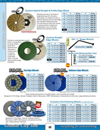 These wheels will provide an excellent polish. Use on granite and marble.
68
MACHINEPOLISHING-WHEELS/RIVAL/CYCLONE
Grit 5” Price 6” Price
50 4116-0161 $49.95 4116-0153 $59.95
100 4116-0162 $49.95 4116-0154 $59.95
200 4116-0163 $49.95 4116-0155 $59.95
400 4116-0164 $49.95 4116-0156 $59.95
800 4116-0165 $49.95 4116-0157 $59.95
1500 4116-0166 $49.95 4116-0158 $59.95
3000 4116-0167 $49.95 4116-0159 $59.95
Buff 4116-0168 $49.95 4116-0160 $59.95
Bullnose Edge Wheels
Grit 5” Price
50 4116-0170 $39.95
100 4116-0171 $39.95
200 4116-0172 $39.95
400 4116-0173 $39.95
800 4116-0174 $39.95
1500 4116-0175 $39.95
3000 4116-0176 $39.95
Buff 4116-0177 $39.95
Evolution Flat Polishing Wheels for Edge Machines
Designed for Pro-Edge, Velocity, Fastback, Marmo
Meccanica, CMPI, Monteressor, Comandulli and other
auto. edge polishing machines.
Grit 4” Price 5” Price 6” Price
50 4116-0083 $29.95 4116-0067 $34.95 4116-0075 $49.95
100 4116-0084 $29.95 4116-0068 $34.95 4116-0076 $49.95
200 4116-0085 $29.95 4116-0069 $34.95 4116-0077 $49.95
400 4116-0086 $29.95 4116-0070 $34.95 4116-0078 $49.95
800 4116-0087 $29.95 4116-0071 $34.95 4116-0079 $49.95
1500 4116-0088 $29.95 4116-0072 $34.95 4116-0080 $49.95
3000 4116-0089 $29.95 4116-0073 $34.95 4116-0081 $49.95
Buff 4116-0090 $29.95 4116-0074 $34.95 4116-0082 $49.95
Snail Lock
Flat Edge Wheels
Snail LockSnail Lock
Designed for Pro-Edge, Velocity, Fastback, Marmo Meccanica, CMPI, Monteressor, Comandulli and other auto. edge polishing machines.
99-224.5-0053 $29.95
16in “L” Shape Wrench
NEW NEW
Grit 5” Price 6” Price
50 4115-0215 $76.95 4115-0224 $94.95
100 4115-0216 $76.95 4115-0225 $94.95
200 4115-0217 $76.95 4115-0226 $94.95
400 4115-0218 $76.95 4115-0227 $94.95
800 4115-0219 $76.95 4115-0228 $94.95
1500 4115-0220 $76.95 4115-0229 $94.95
3000 4115-0221 $76.95 4115-0230 $94.95
Buff 4115-0222 $87.95 4115-0231 $94.95
Buff 4115-0223 $87.95 4115-0232 $94.95
Cyclone Hybrid Straight & Profile Edge Wheel
Designed to work on all kinds of
edge polishing with innovative
technology. It is usable not only on
bullnose radiuses but also flat edges
with excellent polishing results.
This will save you time from having
to change disk for straight and
profiling jobs. Use on Granite,
Marble and Engineered Stone.
Flat & Bullnose
Cyclone Straight
Edge Wheels
Grit 5” Price
50 4115-0184 $58.35
100 4115-0185 $58.35
200 4115-0186 $58.35
400 4115-0187 $58.35
800 4115-0188 $58.35
1500 4115-0189 $58.35
3000 4115-0190 $58.35
Buff 4115-0191 $70.00
Buff 4115-0192 $70.00
Provide an exceptionally smooth
finish. In comparison
to epoxy wheels,
these 5mm
diamond resin
disks give a
superior finish
on granite,
marble and
engineered
stone. Long life
reduces pad change
downtime.
99-284-0001 $49.95
99-284-0002 $49.95
Snail Lock Removal Hex Tool
For: Nitro & Predator
For: Ultrabond
Tools
NEW
 