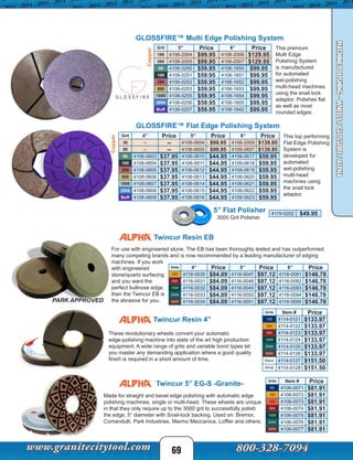 69
MACHINEPOLISHING-WHEELS/GLOSSFIRE/ALPHA
Twincur 5” EG-S -Granite-
Twincur Resin 4”
Twincur Resin EB
Made for straight and bevel edge polishing with automatic edge
polishing machines, single or multi-head. These wheels are unique
in that they only require up to the 3000 grit to successfully polish
the edge. 5” diameter with Snail-lock backing. Used on: Bremor,
Comandulli, Park Industries, Marmo Meccanica, Loffler and others.
These revolutionary wheels convert your automatic
edge-polishing machine into state of the art high production
equipment. A wide range of grits and variable bond types let
you master any demanding application where a good quality
finish is required in a short amount of time.
For use with engineered stone. The EB has been thoroughly tested and has outperformed
many competing brands and is now recommended by a leading manufacturer of edging
machines. If you work
with engineered
stone/quartz surfacing
and you want the
perfect bullnose edge,
then the Twincur EB is
the abrasive for you.PARK APPROVED
Grits Item # Price
80 4106-0071 $81.91
150 4106-0072 $81.91
300 4106-0073 $81.91
500 4106-0074 $81.91
1000 4106-0075 $81.91
2000 4106-0076 $81.91
3000 4106-0077 $81.91
Grits Item # Price
100 4114-0121 $133.97
200 4114-0122 $133.97
500 4114-0123 $133.97
1000 4114-0124 $133.97
2000 4114-0125 $133.97
3000 4114-0126 $133.97
Black 4114-0127 $151.50
White 4114-0128 $151.50
Grits 4” Price 5” Price 6” Price
200 4116-0030 $84.09 4116-0047 $97.12 4116-0091 $146.78
500 4116-0031 $84.09 4116-0048 $97.12 4116-0092 $146.78
1000 4116-0032 $84.09 4116-0049 $97.12 4116-0093 $146.78
2000 4116-0033 $84.09 4116-0050 $97.12 4116-0094 $146.78
3000 4116-0034 $84.09 4116-0051 $97.12 4116-0095 $146.78
GLOSSFIRE™ Multi Edge Polishing System
GLOSSFIRE™ Flat Edge Polishing System
Grit 5” Price 6” Price
100 4106-2004 $99.95 4106-2006 $129.95
200 4106-2005 $99.95 4106-2007 $129.95
50 4106-0250 $59.95 4106-1650 $99.95
100 4106-0251 $59.95 4106-1651 $99.95
200 4106-0252 $59.95 4106-1652 $99.95
500 4106-0253 $59.95 4106-1653 $99.95
1000 4106-0255 $59.95 4106-1654 $99.95
2000 4106-0256 $59.95 4106-1655 $99.95
Buff 4106-0257 $59.95 4106-1842 $99.95
Grit 4” Price 5” Price 6” Price
30 -- -- 4106-0654 $99.95 4106-2009 $139.95
50 -- -- 4106-0655 $99.95 4106-0657 $139.95
50 4106-0603 $37.95 4106-0610 $44.95 4106-0617 $59.95
100 4106-0604 $37.95 4106-0611 $44.95 4106-0618 $59.95
200 4106-0605 $37.95 4106-0612 $44.95 4106-0619 $59.95
500 4106-0606 $37.95 4106-0613 $44.95 4106-0620 $59.95
1000 4106-0607 $37.95 4106-0614 $44.95 4106-0621 $59.95
2000 4106-0608 $37.95 4106-0615 $44.95 4106-0622 $59.95
Buff 4106-0609 $37.95 4106-0616 $44.95 4106-0623 $59.95
This premium
Multi Edge
Polishing System
is manufactured
for automated
wet-polishing
multi-head machines
using the snail lock
adaptor. Polishes flat
as well as most
rounded edges.
This top performing
Flat Edge Polishing
System is
developed for
automated
wet-polishing
multi-head
machines using
the snail lock
adaptor.
Copper
Copper
G L O S S F I R E
5” Flat Polisher
3000 Grit Polisher.
4115-0202 $49.95
 