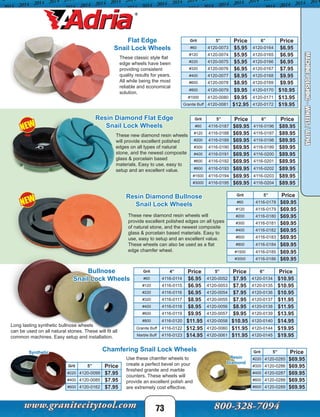 73
MACHINEPOLISHING-WHEELS/ALPHA
Chamfering Snail Lock Wheels
Grit 5” Price
#220 4120-0099 $7.95
#400 4120-0085 $7.95
#600 4120-0162 $7.95
Bullnose
Snail Lock Wheels
Grit 4” Price 5” Price 6” Price
#60 4116-0114 $6.95 4120-0052 $7.95 4120-0134 $10.95
#120 4116-0115 $6.95 4120-0053 $7.95 4120-0135 $10.95
#220 4116-0116 $6.95 4120-0054 $7.95 4120-0136 $10.95
#320 4116-0117 $8.95 4120-0055 $7.95 4120-0137 $11.95
#400 4116-0118 $8.95 4120-0056 $8.95 4120-0138 $11.95
#600 4116-0119 $9.95 4120-0057 $9.95 4120-0139 $13.95
#800 4116-0120 $11.95 4120-0058 $10.95 4120-0140 $14.95
Granite Buff 4116-0122 $12.95 4120-0060 $11.95 4120-0144 $19.95
Marble Buff 4116-0123 $14.95 4120-0061 $11.95 4120-0145 $19.95
Grit 5” Price
#60 4116-0178 $69.95
#120 4116-0179 $69.95
#200 4116-0180 $69.95
#300 4116-0181 $69.95
#400 4116-0182 $69.95
#600 4116-0183 $69.95
#800 4116-0184 $69.95
#1500 4116-0185 $69.95
#3000 4116-0186 $69.95
Resin Diamond Bullnose
Snail Lock Wheels
Resin Diamond Flat Edge
Snail Lock Wheels
Grit 5” Price 6” Price
#60 4116-0187 $69.95 4116-0196 $89.95
#120 4116-0188 $69.95 4116-0197 $89.95
#200 4116-0189 $69.95 4116-0198 $89.95
#300 4116-0190 $69.95 4116-0199 $89.95
#400 4116-0191 $69.95 4116-0200 $89.95
#600 4116-0192 $69.95 4116-0201 $89.95
#800 4116-0193 $69.95 4116-0202 $89.95
#1500 4116-0194 $69.95 4116-0203 $89.95
#3000 4116-0195 $69.95 4116-0204 $89.95
Grit 5” Price 6” Price
#60 4120-0073 $5.95 4120-0164 $6.95
#120 4120-0074 $5.95 4120-0165 $6.95
#220 4120-0075 $5.95 4120-0166 $6.95
#320 4120-0076 $6.95 4120-0167 $7.95
#400 4120-0077 $8.95 4120-0168 $9.95
#600 4120-0078 $8.95 4120-0169 $9.95
#800 4120-0079 $9.95 4120-0170 $10.95
#1000 4120-0080 $9.95 4120-0171 $13.95
Granite Buff 4120-0081 $12.95 4120-0172 $19.95
Flat Edge
Snail Lock Wheels
...
These classic style flat
edge wheels have been
providing consistent
quality results for years.
All while being the most
reliable and economical
solution.
NEW
NEW
These new diamond resin wheels
will provide excellent polished
edges on all types of natural
stone, and the newest composite
glass & porcelain based
materials. Easy to use, easy to
setup and an excellent value.
These new diamond resin wheels will
provide excellent polished edges on all types
of natural stone, and the newest composite
glass & porcelain based materials. Easy to
use, easy to setup and an excellent value.
These wheels can also be used as a flat
edge chamfer wheel.
Long lasting synthetic bullnose wheels
can be used on all natural stones. These will fit all
common machines. Easy setup and installation.
Use these chamfer wheels to
create a perfect bevel on your
finished granite and marble
counters. These wheels will
provide an excellent polish and
are extremely cost effective.
Grit 5” Price
#220 4120-0285 $69.95
#320 4120-0286 $69.95
#400 4120-0287 $69.95
#600 4120-0288 $69.95
#800 4120-0289 $69.95
Resin
Diamond
Synthetic
 