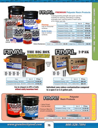 • Value Priced
• Can be tinted
• Premium fillers for
smooth consistency
Economy Polyester
Resin Products
Desc. Item # Price
Transparent Flowing - 5 Gal 0303-0126 $139.95
Transparent Knife Grade - 5 Gal 0303-0129 $139.95
THE BIG BOX
Individual cans reduce contamination compared
to a open 5 or 2.5 gallon pail.
hardener
included
in the
box
+ + + =
Can be shipped via UPS or FedEx
without costly hazardous fees!
2-pAk
+ =
1.25Gal
5Gal
1.25Gal
1.25Gal
2.5Gal
1.25Gal
1.25Gal
1.25Gal
Cure Time:
10-20min
Cure Time:
10-20min
Cure Time:
10-20min
Cure Time:
20-40min
Save on average $44.95 shipping
with BIG BOX over 5 Gallon Pails!
75
ECONOMY
PREMIUM Polyester Resin Products
Extra Hardeners
♦ Strong bonding strength and quick cure time.
♦ Perfect for seaming, laminating or rodding.
♦ Accepts resin coloring paste to match stone.
♦ For indoor use only.
Flowing:
Use on horizontal
surfaces.
Knife Grade:
Use on vertical
surfaces.
Extra Hardeners Small (1 oz.) 0303-0099 $5.95 Large (4 oz.) 0303-0100 $8.95
ADHESIVES&EPOXIES-POLYESTERRESINS-RIVAL/RIVALE
Desc. Item # Price
Transparent Flowing - Quart 0303-0092 $11.95
Transparent Flowing - Gallon 0303-0093 $39.95
Transparent Flowing - 5 Gal 0303-0094 $159.95
Transparent Knife Grade - Quart 0303-0095 $11.95
Transparent Knife Grade - Gallon 0303-0096 $39.95
Transparent Knife Grade - 5 Gal 0303-0097 $159.95
Small (1 oz.) 0303-0099 $5.95 Large (4 oz.) 0303-0100 $8.95
Desc. Item # Price
Transparent Flowing - BIG BOX 0303-0163 $159.95
Transparent Knife Grade - BIG BOX 0303-0164 $159.95
Desc. Item # Price
Transparent Flowing - 2 PK 0303-0161 $90.95
Transparent Knife Grade - 2 PK 0303-0162 $90.95
Small (1 oz.) 0303-0099 $5.95 Large (4 oz.) 0303-0100 $8.95
 